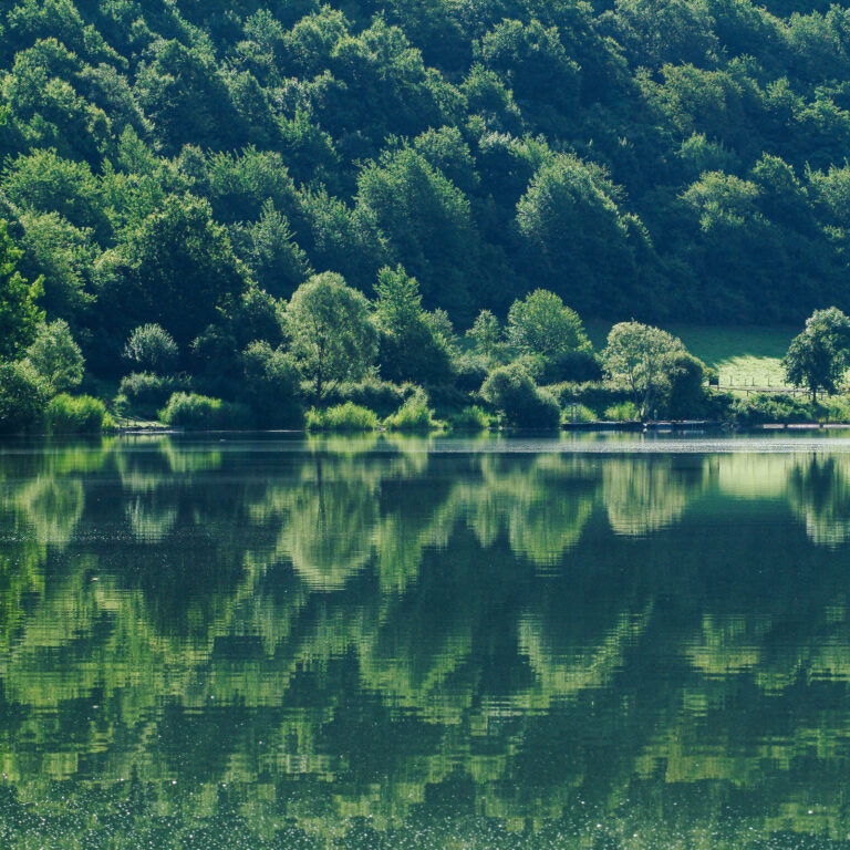 Scenic volcanic maar near Manderscheid, surrounded by lush greenery